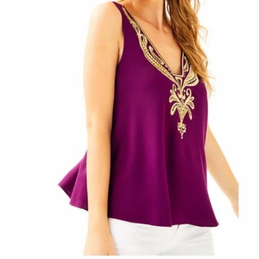 Lilly Pulitzer Owen Top S Shiraz Burgundy Gold Embroidered Beaded Tank Blouse